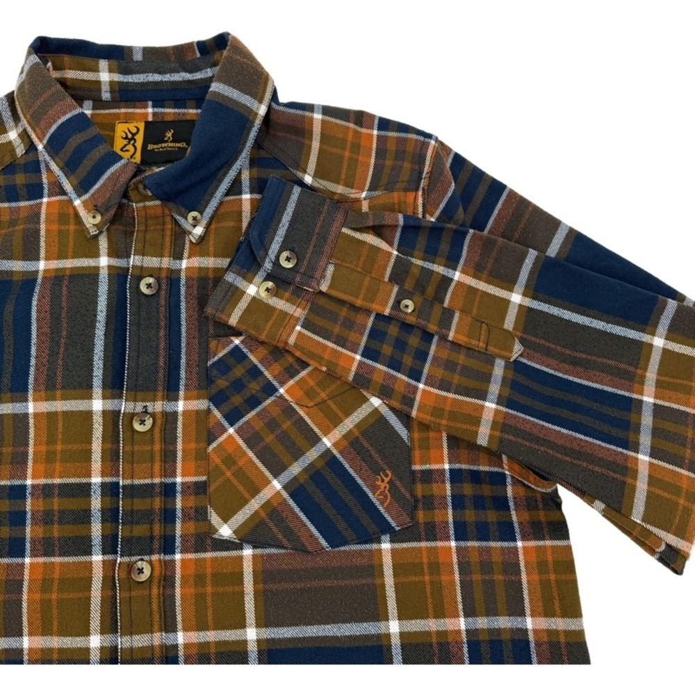 BROWNING Mens Large Plaid Flannel Long Sleeve Button Up Top Jacket Brown Outdoor